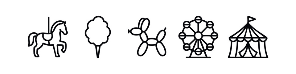 Minimalist Line Art Carnival, Circus, and Amusement Park Icons Set © liubomir118809