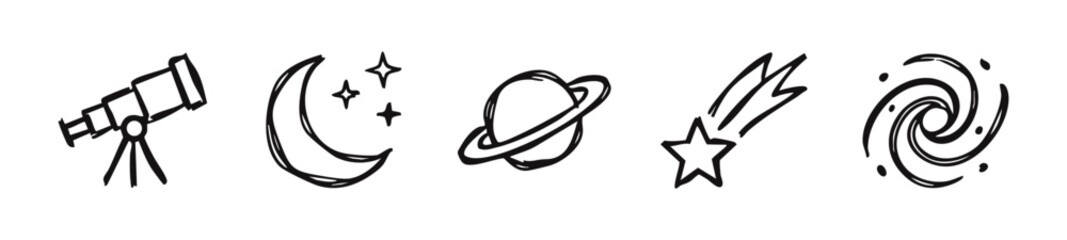Hand-drawn doodle set of space and astronomy icons, including telescope, moon, planet, shooting star, and galaxy. © liubomir118809