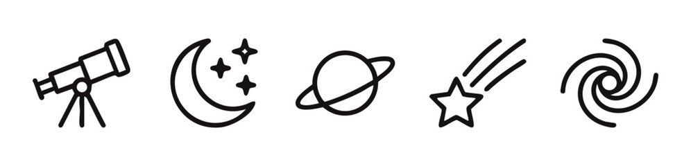 Minimalist line art set of space and astronomy icons, including telescope, moon, planet, shooting star, and galaxy. © liubomir118809