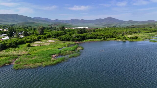 Drone footage showcases the overgrown green shoreline of Bukhtarma Reservoir lined with dense trees and vegetation. In the distance, low green hills rise under clear summer skies. Sunlight bathes the 