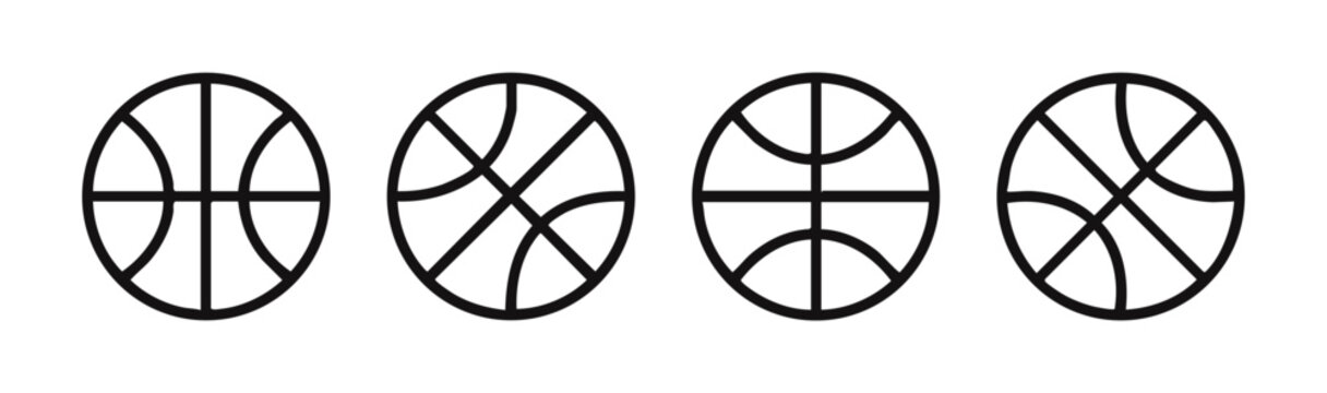 Set of four minimalist basketball line art icons. Vector illustration of sport balls with different seam patterns.