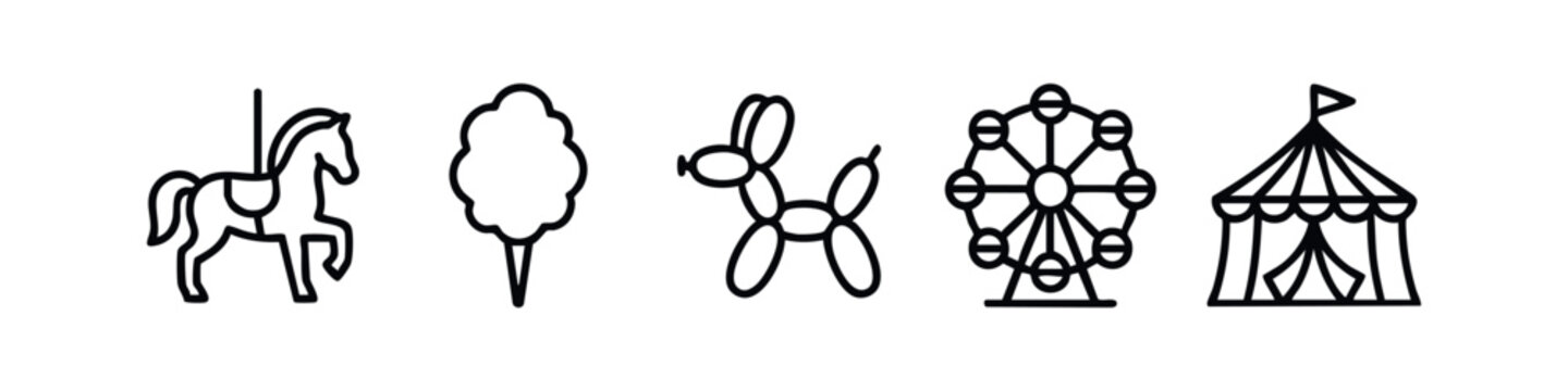 Minimalist Line Art Carnival, Circus, and Amusement Park Icons Set