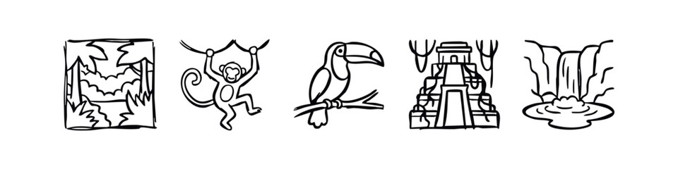 Hand Drawn Jungle and Ancient Civilizations Doodles - Forest, Monkey, Toucan, Temple, Waterfall © liubomir118809
