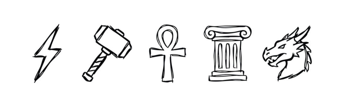 Hand Drawn Mythology and Fantasy Doodles - Lightning, Mjolnir, Ankh, Column, Dragon