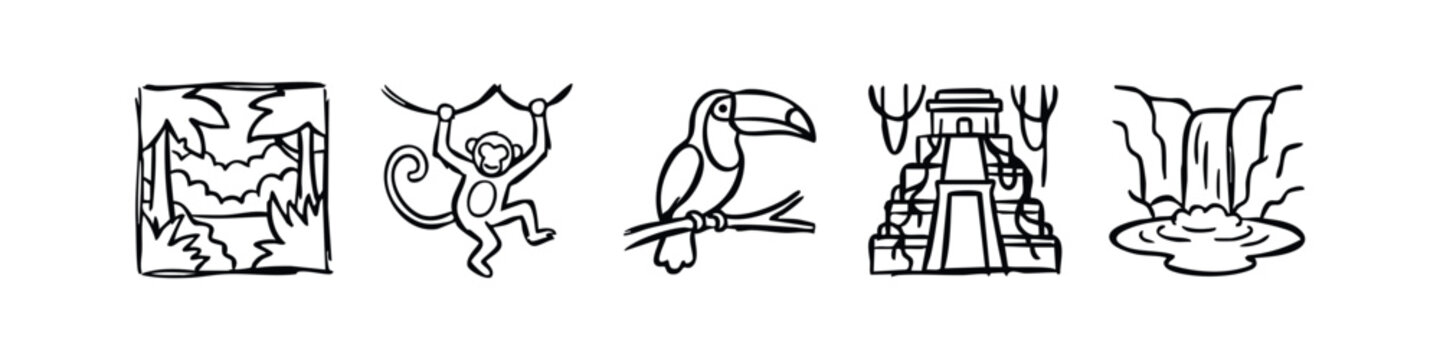 Hand Drawn Jungle and Ancient Civilizations Doodles - Forest, Monkey, Toucan, Temple, Waterfall