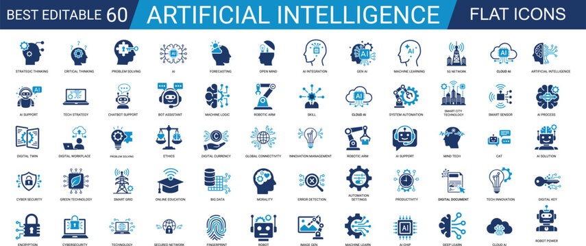 Artificial Intelligence Solid Icon Set. Machine Learning, Robotics, Neural Network, Future, Data, Brain. Editable Vector Illustration Collection Set.