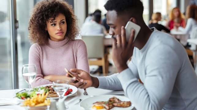 Woman feeling ignored by man using smartphone on date