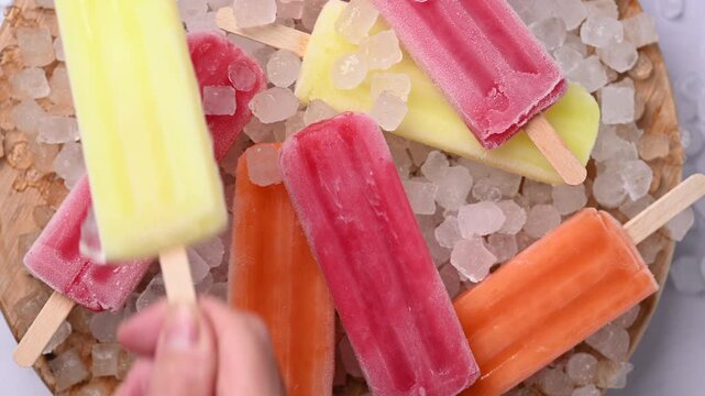 Colorful ice pops being removed one by one from row close up