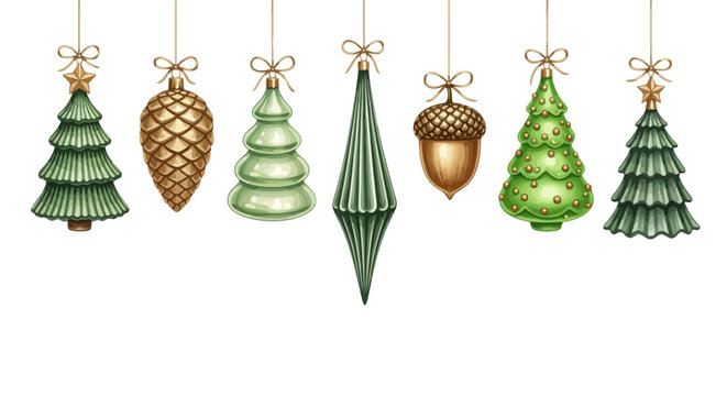 Festive Green and Gold Christmas Ornaments Set. Hand-Drawn Vintage Holiday Decoration Collection. Assorted Glass Baubles and Pinecone Illustrations