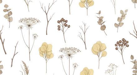 Naklejka premium A seamless pattern of delicate dried flowers and eucalyptus branches in earthy tones, creating a natural and elegant aesthetic for design projects