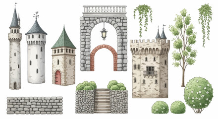Collection of medieval castle elements including towers, archways, stairs, and greenery, perfect for architectural and historical design © imran