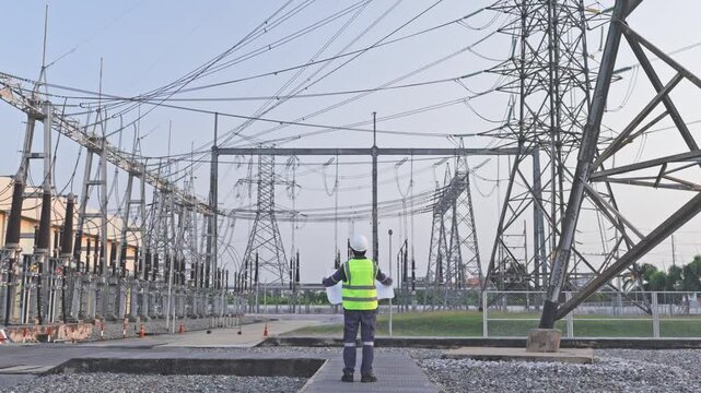 Power line electrical substation engineer safety vest hard hat blueprint inspection of high voltage transmission tower energy grid infrastructure