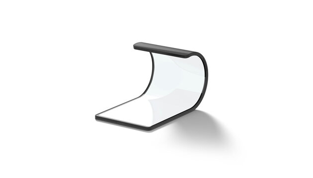 Blank turned on black flip phone twisted display mockup png, transparent background, 3d rendering. Empty folded multi-display smartphone mock up cut out. Clear flexible transforming gadget template.