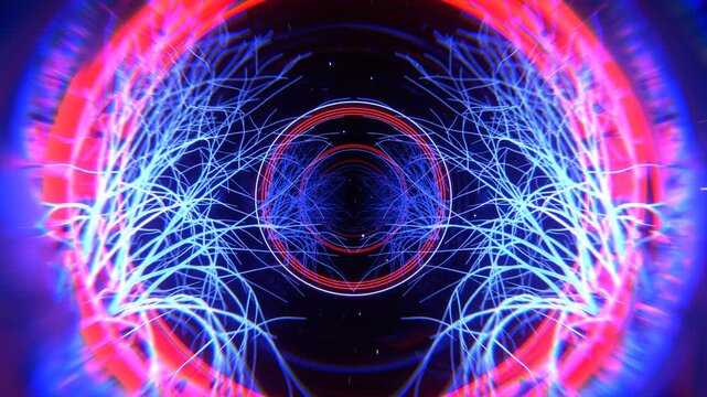 Blue and Red Magic Tunnel with Glowing Trees and Rings Background VJ Loop in 4K