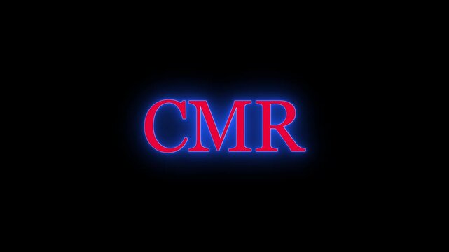 Neon glowing text effect featuring letters CMR in vibrant blue and red colors against dark background