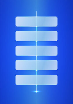 Blue glassmorphism vertical timeline infographic with five transparent panels