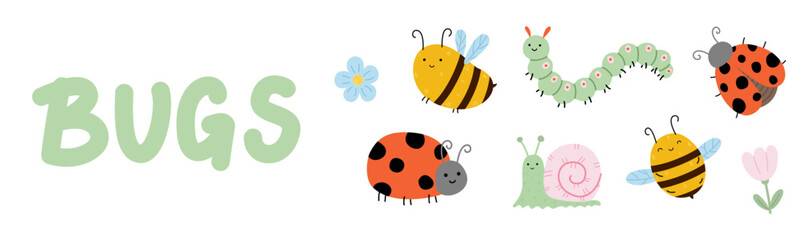 Bugs vector horizontal banner with bee, snail and ladybug. Hand-drawn doodle illustration for kids packaging, nursery textiles or stationery. Naive childish style, modern, silly and stylish. © Olena Yevsikova