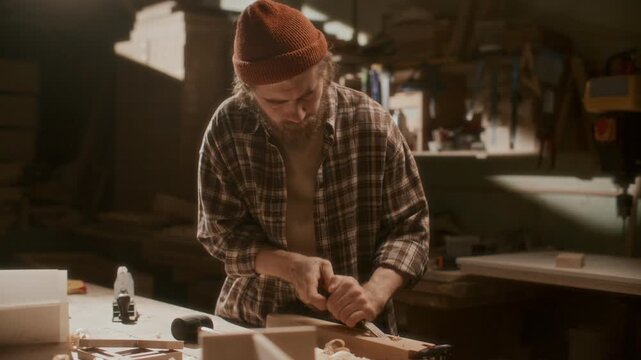 Skilled carpenter carving wood with chisel in warmly lit workshop, shaping timber with force during manual woodworking process