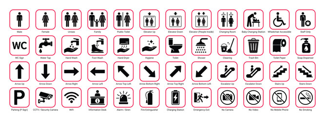 public signage icon set restroom navigation safety facility symbol vector collection © VectorVista