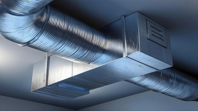 Syst&egrave;me de ventilation moderne avec conduits m&eacute;talliques dans plafond