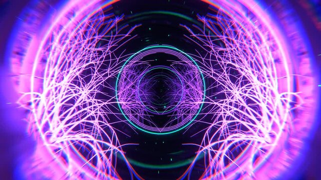 Purple and Turquoise Magic Tunnel with Glowing Trees and Rings Background VJ Loop in 4K