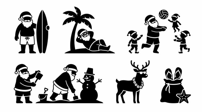 Black and white summer Santa at the beach vector set with surfing, sand snowman, elves playing, and reindeer silhouette for tropical Christmas vacation design