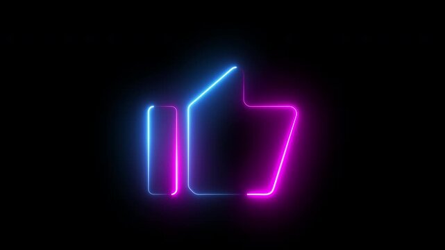 Red and purple color thump up icon animation. Neon line Hand thumb up icon isolated animation on black background. 4K video.