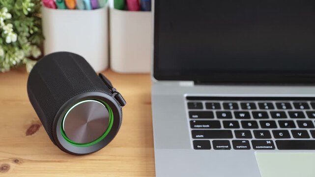 Front View Smart Speaker Virtual Assistant or Artificial Intelligence Concept with Laptop Computer on Office Desk