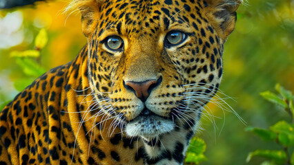 Leopard close-up with striking blue eyes and spotted fur, wild animal portrait in natural habitat, golden and green bokeh background © I'm_coming