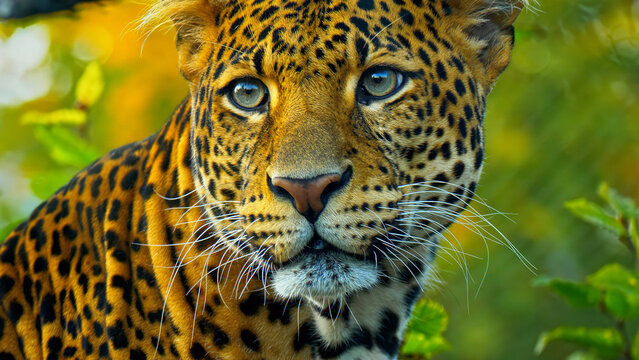 Leopard close-up with striking blue eyes and spotted fur, wild animal portrait in natural habitat, golden and green bokeh background