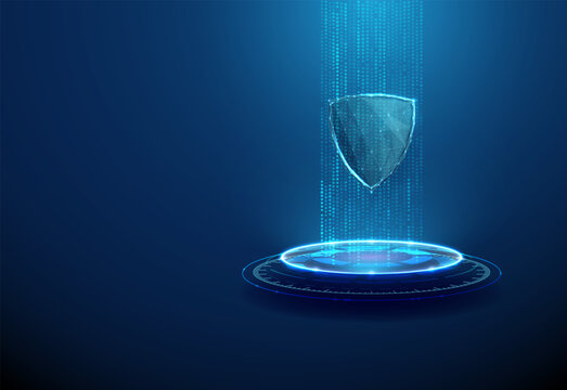 3d shield on futuristic in flowing data stream. Security, protection, access control, digital defense, cybersecurity, risk management, trusted system concept.