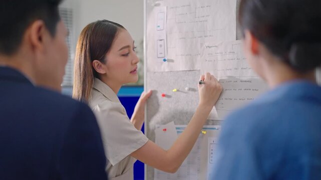 Close up of Asian business woman and team discussing application workflow, data analysis, and team tasks pinned on a whiteboard during a strategic meeting.