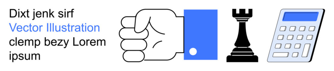 Business planning, decision-making, financial analysis, leadership, strategy, and problem-solving. Hand, chess rook and calculator icons. Business strategy and decision-making visual © robu_s