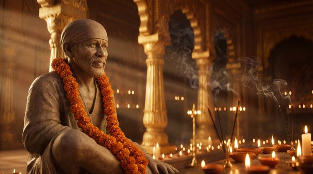 Sai Baba Statue Adorned with Marigold Garland in a Serene Temple Illuminated by Diyas and Incense Smoke, Symbolizing Spirituality and Devotion