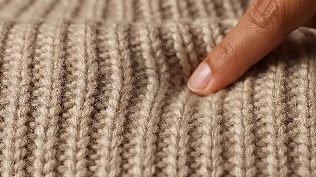 Close-up of a hand gently tracing the textured surface of a knitted fabric, showcasing the intricate patterns and fibers in a well-lit indoor setting