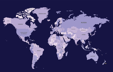 Naklejka premium Detailed World Map with Labeled Countries and Light Purple Gradient on Dark Navy Background