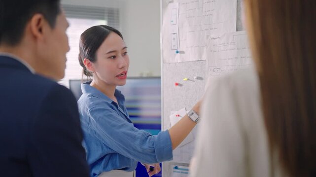Close up of Asian business woman and team discussing application workflow, data analysis, and team tasks pinned on a whiteboard during a strategic meeting.