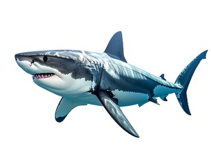 Fototapeta premium A realistic, close-up view of a large shark with white underbelly, showcasing sharp teeth and fins, isolated on white background