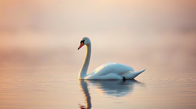 A graceful white swan swimming on a calm lake during a soft sunrise
