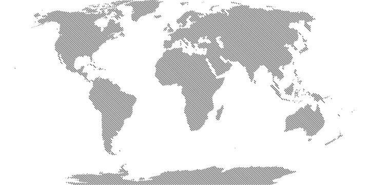 World map made of pixel squares: global geography, digital grid, vector illustration, isolated.