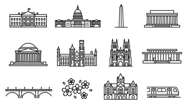 Washington DC skyline vector set in thin linear style featuring capitol building white house monument cherry blossoms and city landmarks for elegant travel tourism graphic design