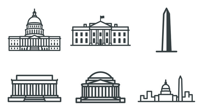 Washington DC skyline vector icons set with thick dark line art style showing famous USA government buildings like capitol white house and lincoln memorial for patriotic designs