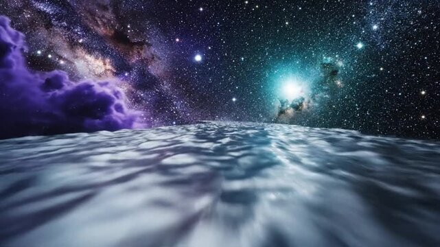 Ganga Utpatti, Ethereal celestial visualization of the River Ganga flowing across the Milky Way, liquid silver textures swirling against a deep indigo and teal cosmic background