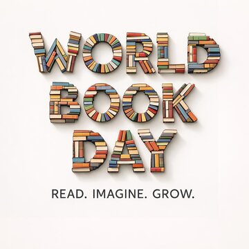 Creative typography made of stacked colorful books forming the words world book day to celebrate literature and learning for students and avid readers across the entire global community