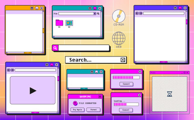 Retro Y2K computer window interface. Vector illustration of retro OS folder icons, media player, search bar, message box, vintage desktop UI, classic 90s operating system, nostalgic digital frames © klyaksun