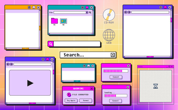 Retro Y2K computer window interface. Vector illustration of retro OS folder icons, media player, search bar, message box, vintage desktop UI, classic 90s operating system, nostalgic digital frames