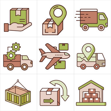 Logistics and delivery icons: hand holding box, truck, airpl