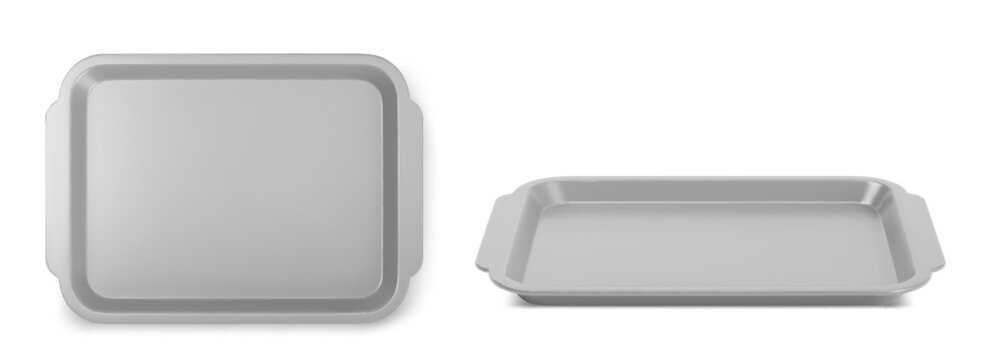 Empty plastic lunch tray with handles for cafeteria meals, top side view, 3D realistic vector illustration isolated on white background. Grey isometric mockup for fast food service design