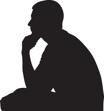 Black silhouette, man sitting, thinking pose, profile view, vector illustration