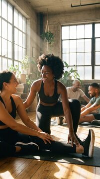 Group of people stretching with trainer in bright loft fitness studio. Concept of group workout energy, community fitness experience, motivation through social training, active lifestyle culture